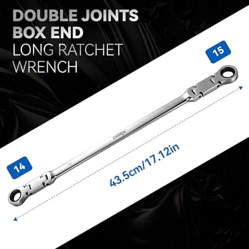 Image of DISEN Extra Long Flex Head Ratchet Wrench Metric 14-15MM, Double Jointed Box End Ratcheting Combination Wrench, 72-Teeth, Cr-V Steel,12 Point