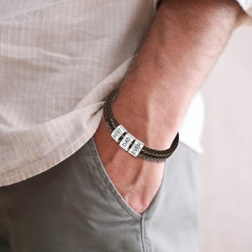 Custom Mens Bracelet with Famliy Name Adjustable Braided Leather Bracelets Personalized Fathers Day Dad Gifts from Daughter Son2