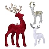 UKCOCO 3 Piezas Adornos Navideños de Ciervos Flocados de Figuras Pequeñas para Centro de Mesa y Decoración de Árbol Suaves y Resistentes para Hogar y Oficina