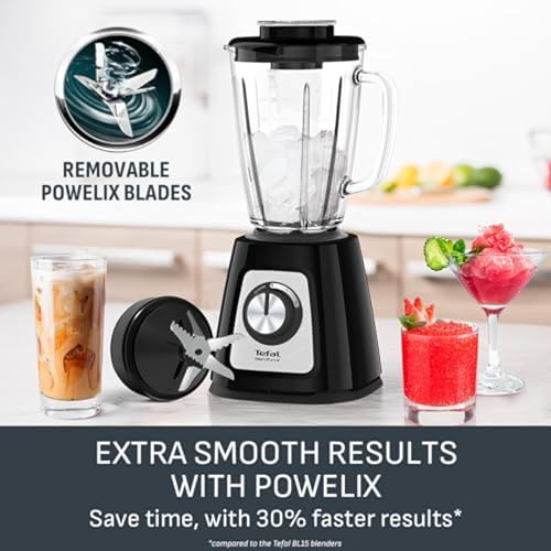 Tefal Blendforce II Blender, 2L Glass Jug, 1.25L Effective Capacity, 800W, 4 Removable Powelix Blades, Smoothie Blender, Ice Crush, 2 Speeds + Pulse, Black, BL435840