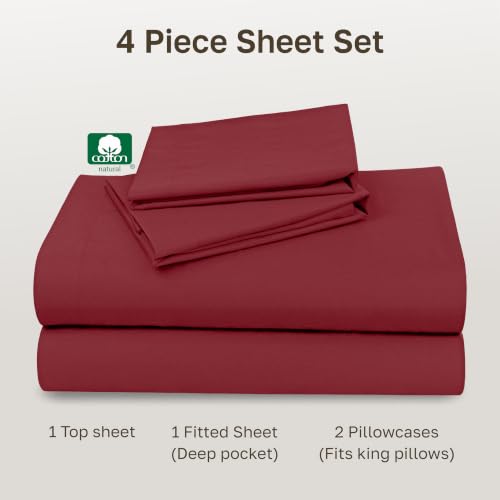 Image of California Design Den King Size Sheets Set - Natural 100% Cotton Sheets King Size with Deep Pockets, Soft Sateen Weave, Breathable and Durable Bedding Set (Brick Red)