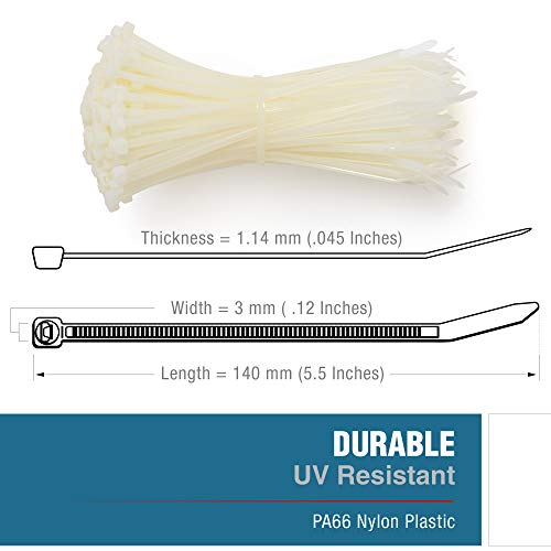 Zip Cable Ties, 5.5 Inch Long, White, 18 Pound, (1000 Pcs.) Strong Nylon Plastic, Heavy Duty Industrial Grade, Self-Locking, Uv Resistant, Organize, Bundle, Secure, Home, Office, Models, Crafts #TOP2