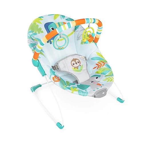 Bright Starts Baby Bouncer Soothing Vibrations Infant Seat - Removable Toy Bar, Nonslip Feet, 0-6 Months Up to 20 lbs (Rainforest Vibes)