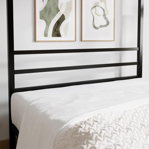 Image of Metal Queen Size Poster Bed Without Storage | Canopy Queen Poster Bed for Bedroom & Home | Sturdy Wrought Iron Double Cot with Headboard & Footboard, (Design 2-Black)