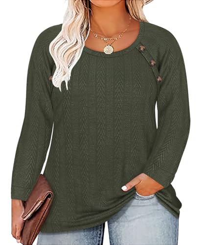 RITERA Plus Size Tops for Women Long Sleeve Casual Pullover Button Shirts Crewneck Fashion Basic Fall Winter Top XL-5XL