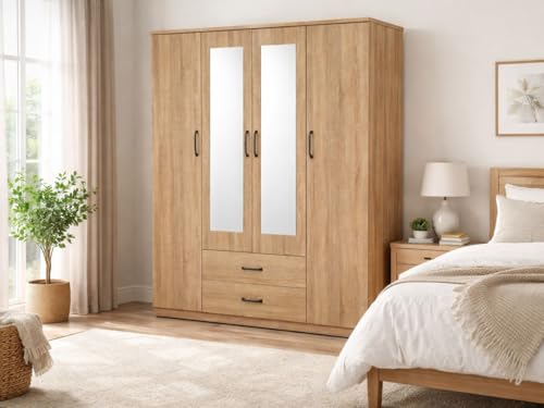 Proconfort Armoire Valentina 4 Portes avec Penderie, Étagères et 2 Tiroirs, Rangement pour Chambre, Blanc/Chêne/Bois Grisé (Chêne)
