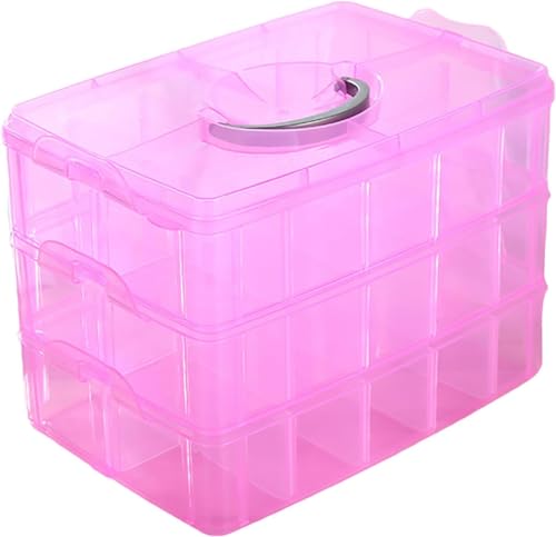 Image of RECLUSE PINK Stackable 3 Tier 30 Grids Clear Plastic Storage Box with Adjustable Compartments for Sewing Accessories, Screws, Bolts, Jewellery, Office Supply Pins & Clips, Small Parts & Hardware