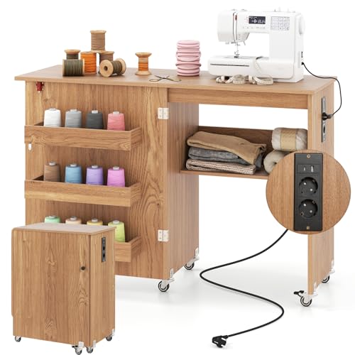 RELAX4LIFE Mesa de Costura Plegable con 3 Compartimentos, Estante, Estación de Carga Integrada, Mesa para Máquina de Coser con Ruedas, 116x40,5x78cm (Natural-con Enchufe)