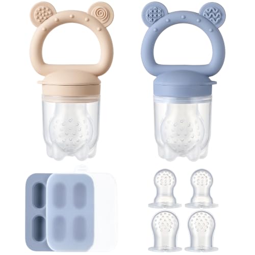 Image of 2 Pack Silicone Baby Fruit Feeder with Mini Freezer Tray, Fresh Food Feeder for Safe Infant Self Feeding, Extra Food Pouches, Breastmilk Popsicle Molds for Baby Teething Relief - Blueberry