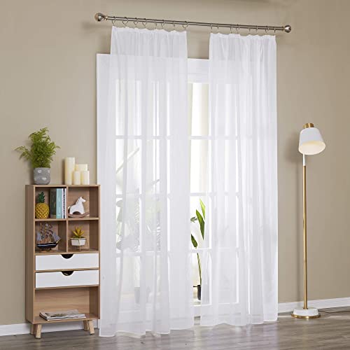 Deconovo Voile Gardinen Kräuselband Vorhang Wohnzimmer Stores Gardinen Leinenoptik Transparent 242x132 cm(HöhexBreite), Weiß, 2er Set – Ansicht 2
