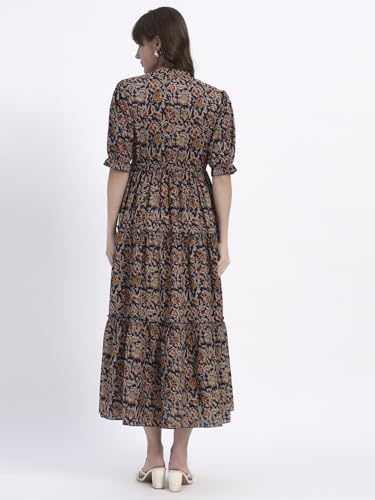 Image of Women's Fit and Flare Dress I Pure Cotton Long Summer Maxi Dress I V-Neck I Casual Wear I Printed Kalamkari Floral Middi