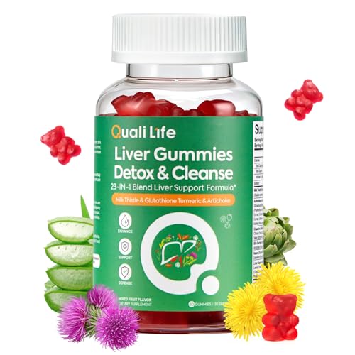 QualiLife Liver Cleanse Detox & Repair Gummies - 2000mg Milk Thistle Liver Detox Supplement Liver Support Supplement with Dandelion Root - Mixed Fruit Flavor 60 Gummies