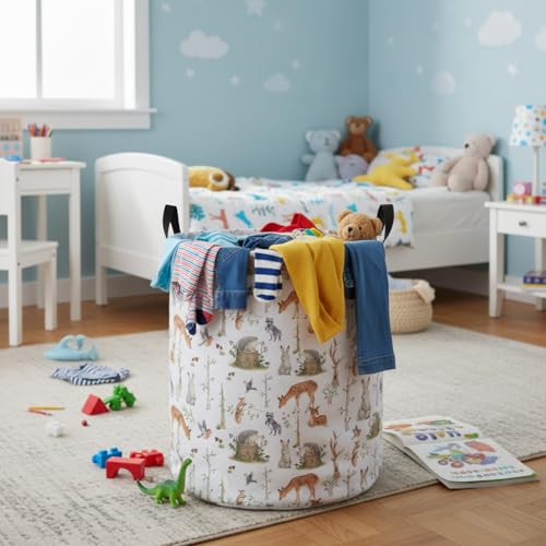 Image of Baby Laundry Hamper Basket Baby Hamper for Nursery Boy and Girl Cute Storage Bin Organizer Boho Room Decor(Tree Animals)