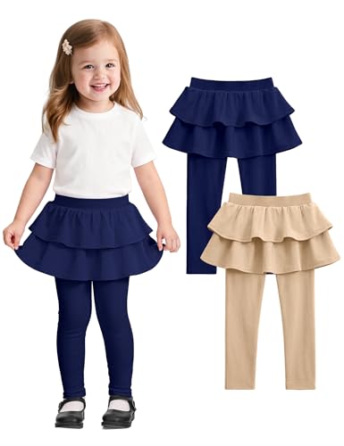 Witwot 2 Pack Toddler Girl Tutu Leggings Baby Girls Cotton Pants with Ruffle Skirt Navy Kakhi 3T