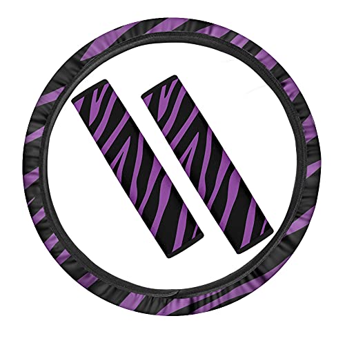 UOIMAG Cubierta púrpura del volante del coche de la impresión de cebra con las almohadillas del cinturón de seguridad, 3pcs universal auto interior accesorios Cover