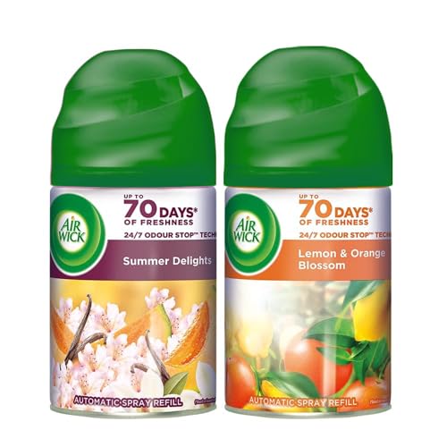 Image of Air Wick 250 ml (Pack of 2) - Vanilla & Muskmelon (Summer Delights) and Lemon & Orange Blossom, Freshmatic Automatic Air Freshener Refill | 2600 Sprays Guaranteed | Automatic Room Freshener and Spray