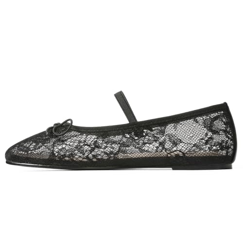 Women's Black Mesh Flats Shoes Ballet Flats for Women Floral Mary Jane Ballerina Round Toe Comfortable Daily Dress Summer Flats Shoes3