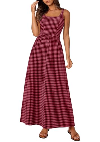PRETTYGARDEN Women's 2026 Summer Spaghetti Strap Maxi Dresses Plaid Square