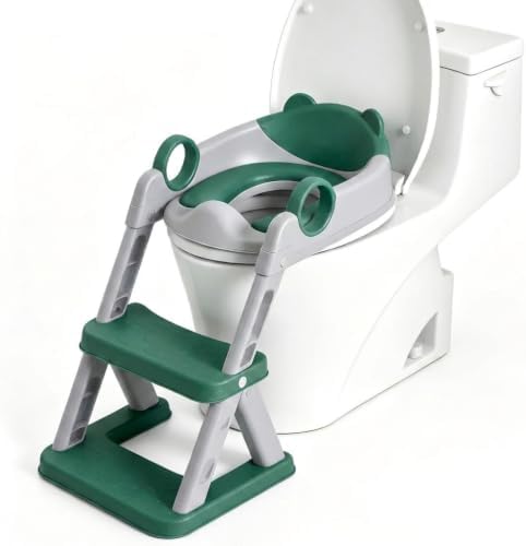 8‑Level Adjustable Kids’ Potty with Splash Guard & Folding Stool(Green-White) - 1