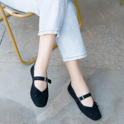 Women's Square Toe Flats Bowknot Mary Jane Ballet Flats Knit Flat Shoes for Women with Adjustable Straps Comfortable Office2
