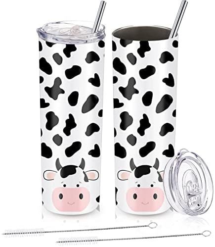 Mimorou 2 Pcs Cow Print Tumbler with Lid and Straw, 20 oz Stainless Steel Insulated Skinny Cow Print Coffee Tumbler Travel Cup Gifts Water Bottle for Women Christmas Birthday Graduation Gifts