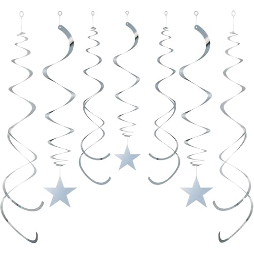 GAKA FAVOR 30 Stück Wirbel Deko Silber Stern Spiralen Girlande Folien Deckenhänger Stern DoppelSpiral Deko für Geburtstag, Hochzeit, Silvester oder Karneval Partydeko