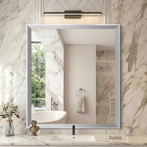 Image of DESBING 36 inchx40 inch Silver Bathroom Mirrors for Over Sink | Tempered Glass, Metal Frame, Rectangle Vanity Wall Mirror for Bathroom, Living Room, Bedroom, Horizontally or Vertically