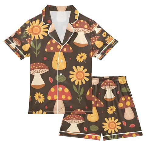 senya Mushroom and Sunflowers Satin Summer Pajama Sets Silk Short Sleeve Button Down Sleepwear
