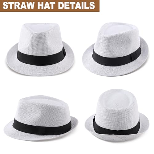 Image of Straw Fedora Hats for Men Women, 1920s Short Brim Trilby Panama Hat Summer Beach Sun Cap