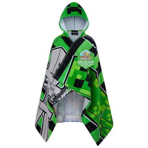 Minecraft Bath Towel with Hood for Kids and Teenagers Changing Robe Absorbent Creeper Poncho Towel for Swimming Bath Shower Beach Holiday Essentials (Green/Black, 6-14 Years)