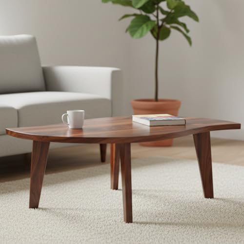 Image of Sheesham Wood Coffee Table for Living Room | Organic Shape Center Unit with Curved Edge Top | Japandi Mid Century Modern Wooden Tea Furniture with Tapered Legs |Contemporary Cocktail Piece| Teak Brown