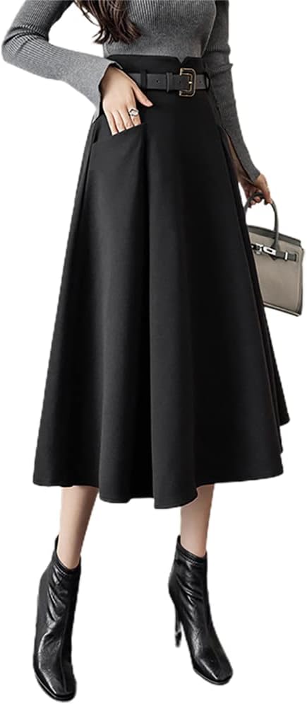 IDEALSANXUN Wool Midi Skirts for Womens High Waisted A Line Pleated Belted Fall Winter Skirts