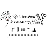 ANFRJJI Lady Hair Salon Wall Sticker - Transform Your Salon or Makeup Room with a Removable PVC Decal featuring Red Lips and a Hairdresser Quote: 'Life is Too Short to Have Boring Hair' -effect 22'x41' (BLACK-JWH223-Red lip)