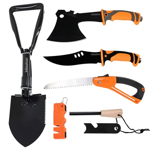6 in 1 Outdoor Axt Survival Set,Survival Messer & Outdoor Werkzeuge Set mit Klappsäge,Klappspaten,Feuerstahl,Survival Ausrüstung,Geschenke für Männer Camping/Abenteuer/Wandern im Freien