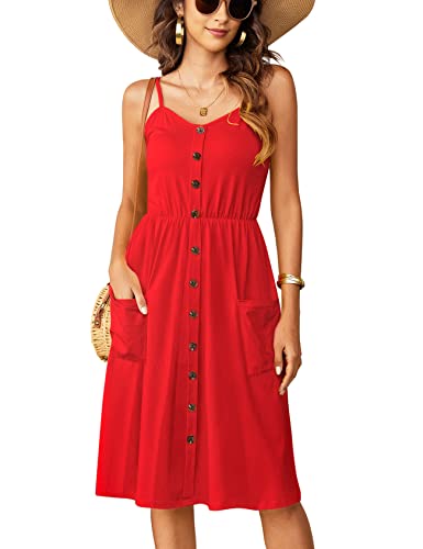 Women Casual Dresses Knee Length Flattering Spaghetti Strap Empire Waist Button Up A Line Red Dress M #TOP1