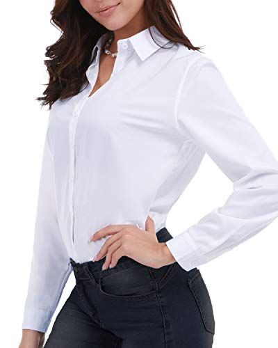 Gemolly Women's Basic Button Down Shirts Long Sleeve Plus Size Simple Cotton Stretch Formal Casual Shirt Blouse White M