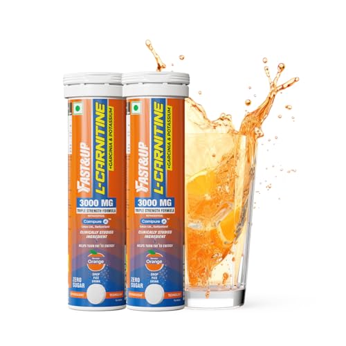 Image of Fast&Up L Carnitine tartrate 3000mg Effervescent Tablets | Triple Action L Carnitine Supplement with Garcinia Cambogia & Potassium | Fat Burner for Weight Loss| Controls Cravings I Reduces Bloating I Orange Flavour (Pack of 2)