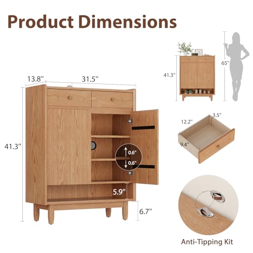Image of 31.4 inchW wooden shoe cabinet storage for entryway,Free Standing Shoe Racks with 2 Adjustable Shelves and 2 Drawers, Shoe Rack Organizer for Entryway, Hallway, Closet, Living Room,Natural wood color