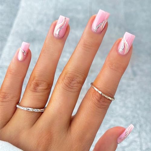 24 Pcs Press on Nails with Line Designs, Glossy Silver Glitter Fake Nails, Sparkly Full Cover Acrylic Nails Medium Coffin Shape False Nails with Glue Stick on Artificial Fingernails for Women Girls