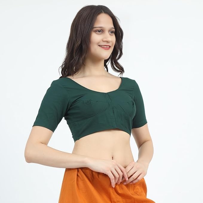 Women 100% Cotton Saree Blouse (Bra Size Fitting) Front Open with Hook Extra Stitch Margin Inside Seam Half Sleeve Solid Colour Dark Green-image-46