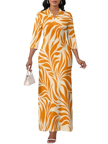 Image of PinkPatty Women's Casual 3 /4 Sleeve Polo V Neck Bodycon Maxi Dress | Semi formal, modest style, long fitted, versatile for church, work, business, office and daily wear