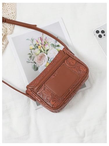 Women's Floral Embossed Flap Crossbody Bags Vintage PU Leather Shoulder Handbags Retro Purses2