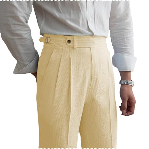 Drolia Mens Summer Seersucker Pants Mens Suit Trousers Summer Beach Causal Style