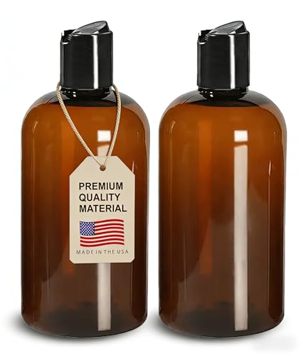 ljdeals 8 oz Amber Plastic Empty Bottles with Black Disc Top Caps Refillable Containers for Shampoo Lotions Cream and More BPA Free Pack of 2 Made in USA