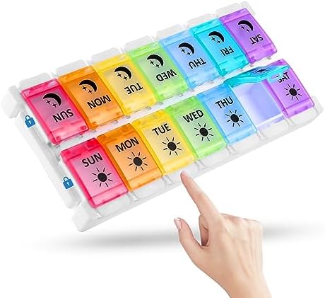 7-Day Weekly Pill Organizer, Large Daily Vitamin Case Box 2 Times A Day, Thicked Lids w/Bright Color Coded, Easy Push Button for Finger Protected, Top Lock Pill Holder, Never Pop Open Design