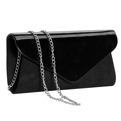 WALLYN'S Patent Leather Clutch Classic Purse Wallet, Evening Bag Handbag With Flannelette Black