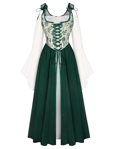 SCARLET DARKNESS Damen Renaissance Maxikleid Vintage Retro Hohe Taille Country Peasant Kleid Dunkelgrün 36