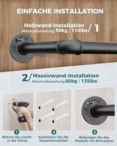 OROPY Industrielle Rohr-Kleiderstange, 92 cm, Wandmontage, abnehmbare Retro-Metall-Kleiderstange, Schwarz (zwei Basen)