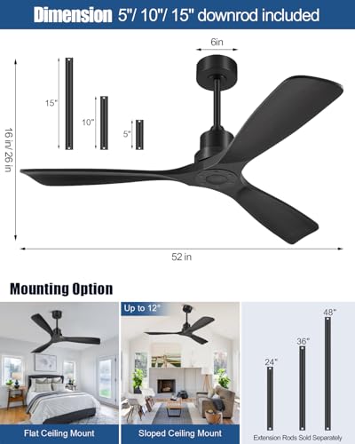 Image of Ceiling Fans With Remote Control, Outdoor Ceiling Fan for Patios Indoor, 3 Downrods, 3 Blades, Timer, 6 Speed Reversible Quiet DC Motor Modern Fan Solid Wood Fan,52in, Matte Black