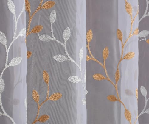 Image of Fabrilia Sheer Tissue Embroidery Curtain for Living Room, Bedroom & Dining Area | Leaf Vine Pattern Net Eyelet Curtain | White with Gold Touch Design | 5 feet Long Set of 2 Curtain